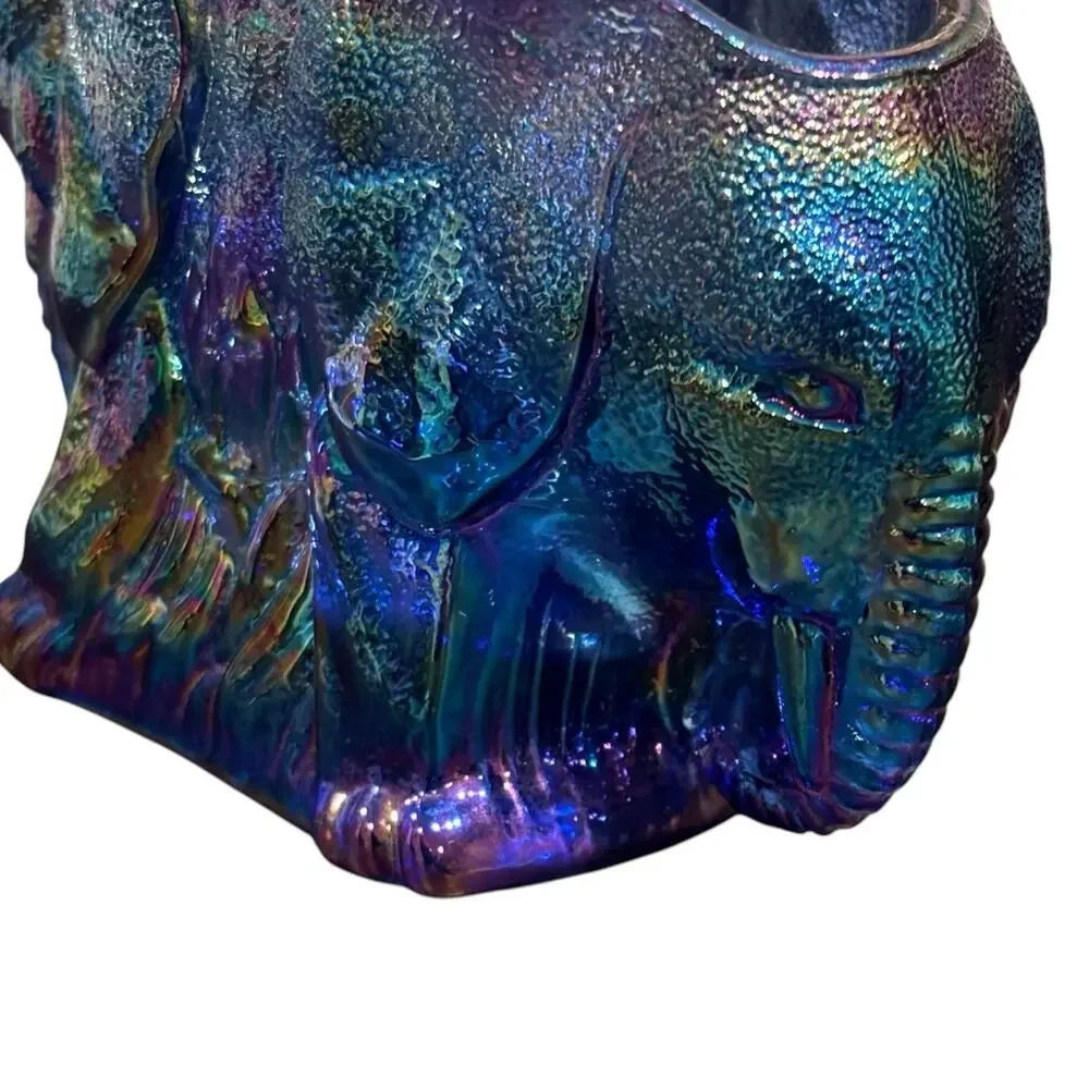 Summit Art Glass Elephant Toothpick Holder Blue Carnival Iridescent Stickered